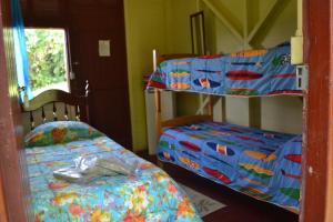 巴拉那皮亚卡巴Pousada Avalon Paranapiacaba的一间卧室设有两张双层床和一扇窗户。