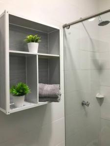 巴兰卡韦梅哈Hermoso apto en Barrancabermeja的一间带淋浴的浴室,配有两盆植物