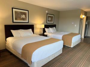 伦敦伦敦华美达酒店的酒店客房设有两张床和两盏灯。