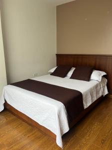 洛哈HOSTAL CAMIL的一间卧室配有一张大床和木制床头板
