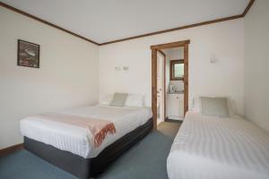 普纳凯基Punakaiki Rocks Hotel & Garden Bar的一间卧室设有两张床和窗户。