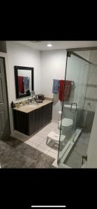 布卡拉顿Private 2BD Suite near FAU的带淋浴、盥洗盆和卫生间的浴室
