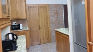 开普敦Kabana Family Home and Guest House的一间带木制橱柜和微波炉的小厨房