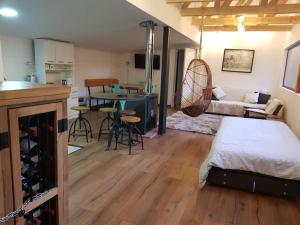 瓦尔迪维亚Valdivia Tralcao Lodge的一间设有床铺、厨房和客厅的房间