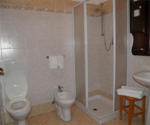 奥瓦达贝拉焦酒店的浴室配有卫生间、淋浴和盥洗盆。