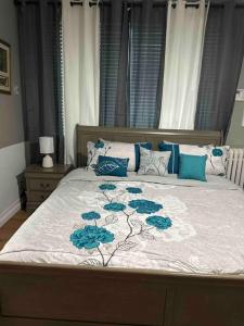 斯克内克塔迪Classic King Suite Apartment的一间卧室配有一张带蓝色枕头的大床