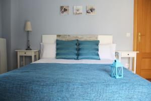 纳赫拉Apartamentos Vino y Camino的一间卧室配有一张带蓝色枕头的大床