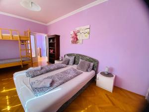 莫劳豪洛姆Mo relax vendégház的客厅配有一张床和紫色墙壁