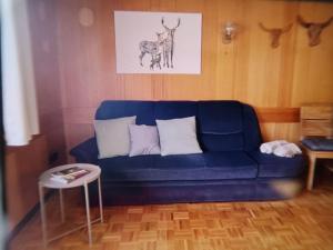 艾森巴哈Holiday Home Landhaus Klara by Interhome的客厅配有一张蓝色的沙发,配有一张桌子