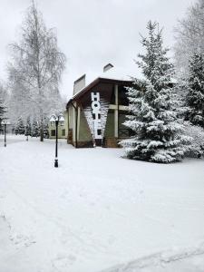 PodvorkiResto Park Традиція的一座被雪覆盖的建筑,上面有圣诞树