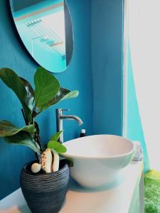 穆里EQ SURF RETREAT的一间有白色碗和台面上植物的浴室