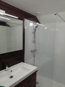 BracquetuitLE GITE DU COLOMBIER的浴室配有盥洗盆和带镜子的淋浴