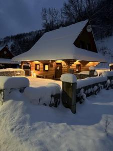 奥什恰德尼察Chata Snezienka的小屋被雪覆盖,有灯光
