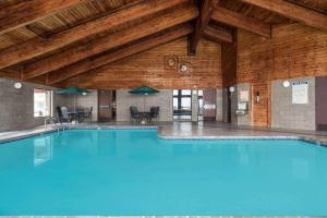 Tofte托夫特艾米丽茵酒店的一座大型游泳池,位于一座拥有木制天花板的建筑中