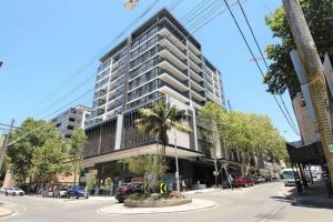 悉尼Cozy Apartment at St Leonard的一座高大的建筑,前面有一棵棕榈树