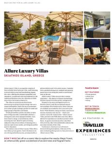 斯基亚索斯镇Allure Luxury Villas的杂志上一篇文章的页,带有桌子和伞