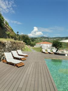 圣玛尔塔迪佩纳吉昂Quinta de Travassinhos- Douro Valley的游泳池旁带躺椅的甲板
