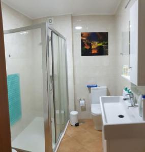 蓬塔德尔加达A Caminho da Ilha的带淋浴、盥洗盆和卫生间的浴室