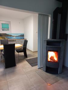 奥西亚歇尔湖畔施泰因多夫Ferienhaus Silja的带壁炉的客厅配有桌子