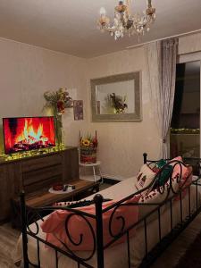 佩特坎内Apartmani Sollei的一间卧室配有一张床、一台电视和一个壁炉