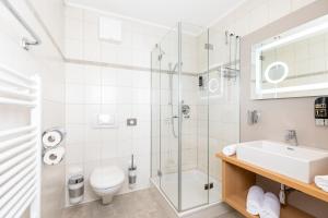 克拉姆萨赫兰芳格派酒店的带淋浴、卫生间和盥洗盆的浴室