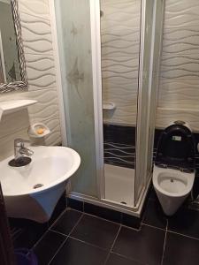 艾因苏赫纳Apartment Porto El Sokhna Pyramids的一间带水槽和带淋浴的卫生间的浴室