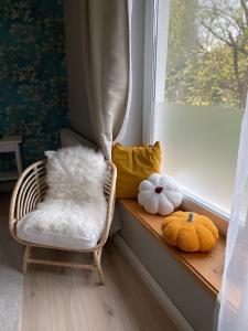 泽拜盖尼Bonne Vie Cottage - Zebegény的窗台,带椅子和两个塞满物的动物