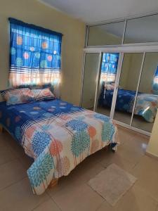 博卡奇卡Casa para la familia的一间卧室配有一张床和一面大镜子