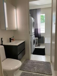 图尔库2 bedroom apartment, Turku的一间带盥洗盆和冰箱的浴室