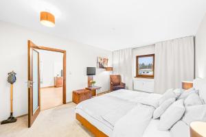 比尔森Prostorný dvoupokojový apartmán 52m2的白色卧室设有一张大床和镜子