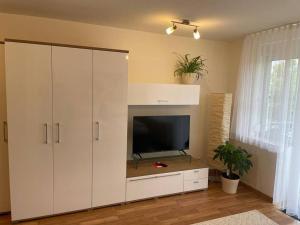 科尔恩韦斯泰姆Appartio: Studio-Appartement am Stadtrand的客厅配有电视和大型白色橱柜。