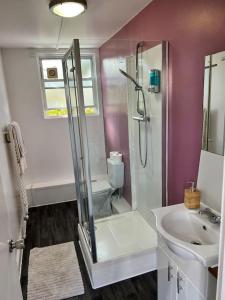 伦敦Affordable 2 bedroom flat Tower Bridge/Bermondsey的带淋浴和盥洗盆的浴室