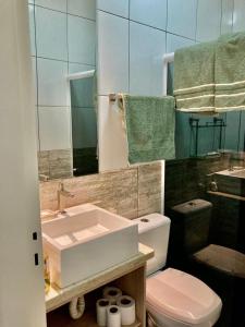 伊瓜苏Casa centro Falls的一间带水槽、卫生间和镜子的浴室