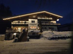 滕嫩山麓圣马丁Boutique Hotel Alpenhof的一座有灯光的建筑,在雪中