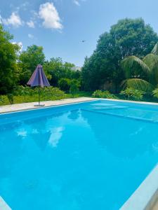 基济姆卡济Embe Lodge的蓝色的游泳池,配有遮阳伞和桌子