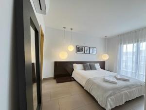 阿维拉Casa Jimena的一间卧室配有一张大床和两个吊灯