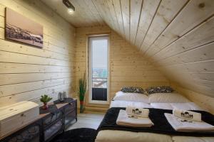 泰里克兹Domek Tylicz Widoki的小木屋内带两张床的房间