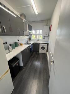 伦敦Cozy 2 bedroom flat Tower Bridge / Bermondsey的厨房配有水槽和洗衣机