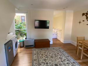 悉尼Garden flat, NORTH SYDNEY的客厅的墙上配有平面电视。