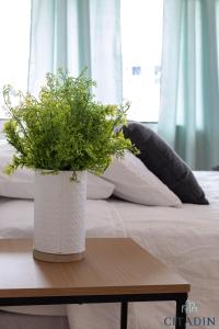 危地马拉Hotel Citadin的床上的白色花瓶,上面有植物