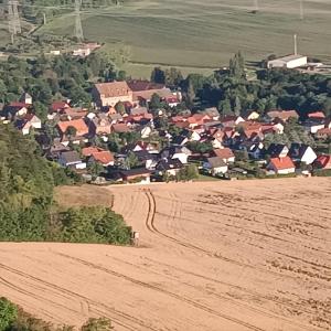 WernrodeFerienhaus Waldperle Harzblick的村庄的空中景观,土路