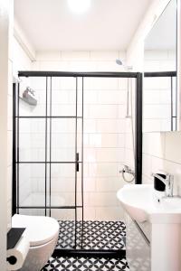 伊斯坦布尔TAKS-INN Suites的带淋浴、卫生间和盥洗盆的浴室