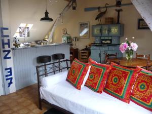 Chouzé-sur-LoireEscale de Loire Gîte的客厅配有带色彩缤纷枕头的沙发