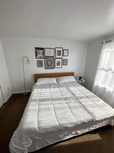 巴尔的摩Cheerful Two Bedroom Central Location Downtown的卧室内的一张大床,墙上挂着照片