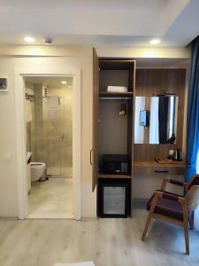 伊斯坦布尔Hotel Esve Istanbul的客房设有带淋浴和卫生间的浴室。