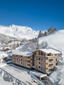 霍赫克尼希山麓丁滕Wildbach Lodge Dienten的一座公寓楼,位于雪中,背景是群山