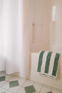 大熊湖2403 - Oak Knoll #4 cabin的浴室设有浴缸,配有绿色和白色毛巾