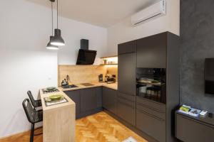 奥西耶克New Green Studio Apartment near Tvrđa的厨房配有黑色橱柜、桌子和柜台。