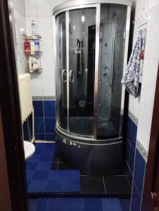 比什凯克Гостевой дом Энесай的带淋浴的浴室(铺有蓝色瓷砖地板)