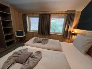 维林根Haus Bergquell App 7的带2扇窗户的客房内的2张床